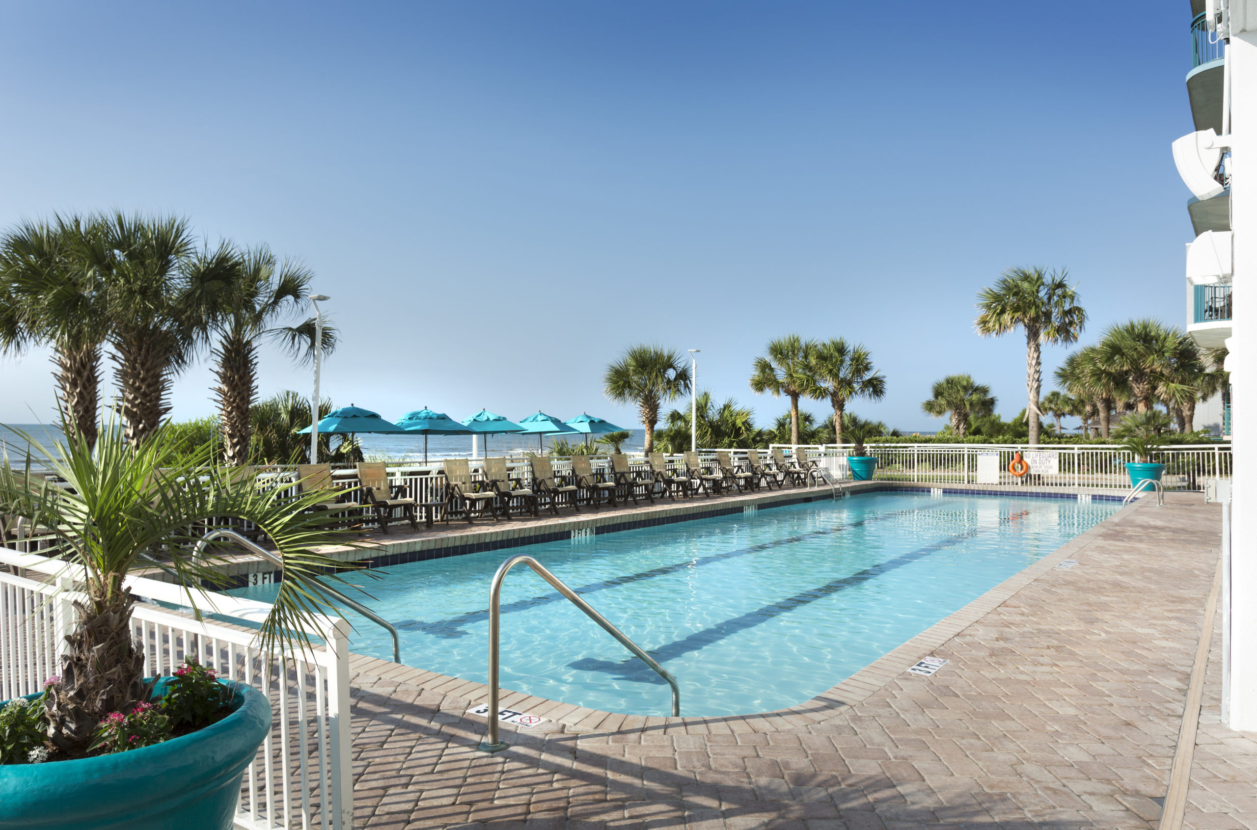 A swimming pool with a deck and palm trees